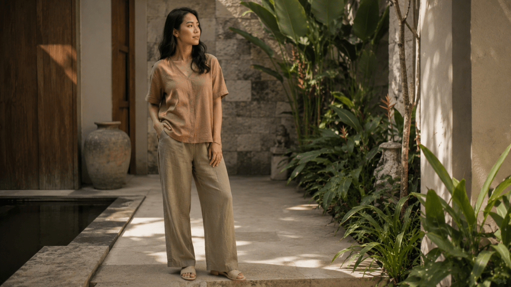 Bukan Baju Tebal, 5 Outfit Ini Justru Jadi Favorit Kemarau 9 Two-piece earthy tone berbahan katun-linen untuk outfit kemarau