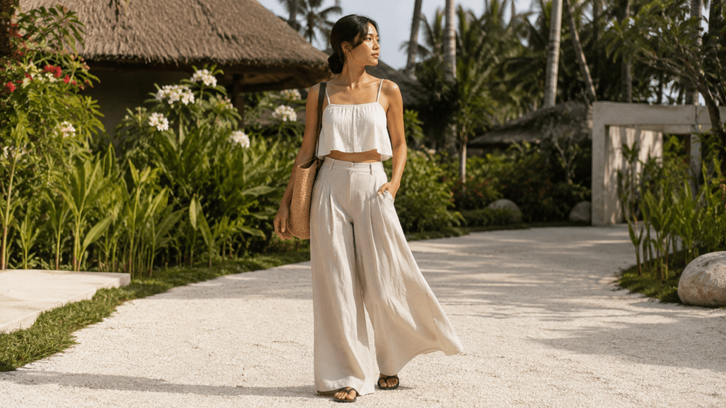 Bukan Baju Tebal, 5 Outfit Ini Justru Jadi Favorit Kemarau 10 Palazzo pants dan crop top ringan untuk aktivitas luar ruangan