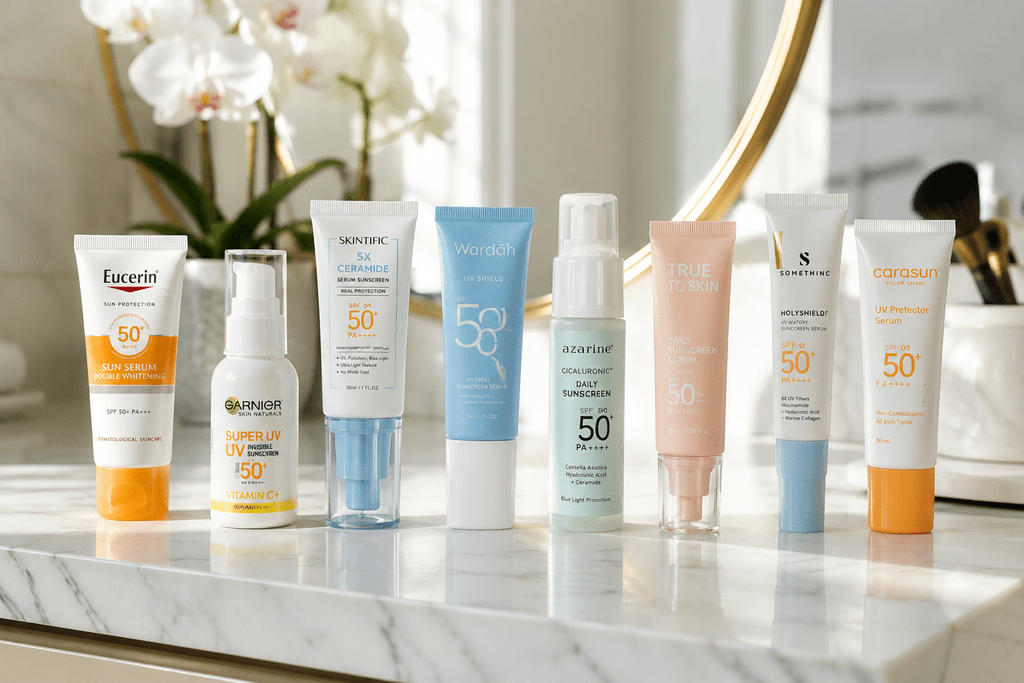 Ternyata Sunscreen Serum Ringan Bisa Lindungi Wajah dan Bikin Glowing 5 Deretan produk sunscreen serum lokal berizin BPOM dengan kandungan pencerah wajah.