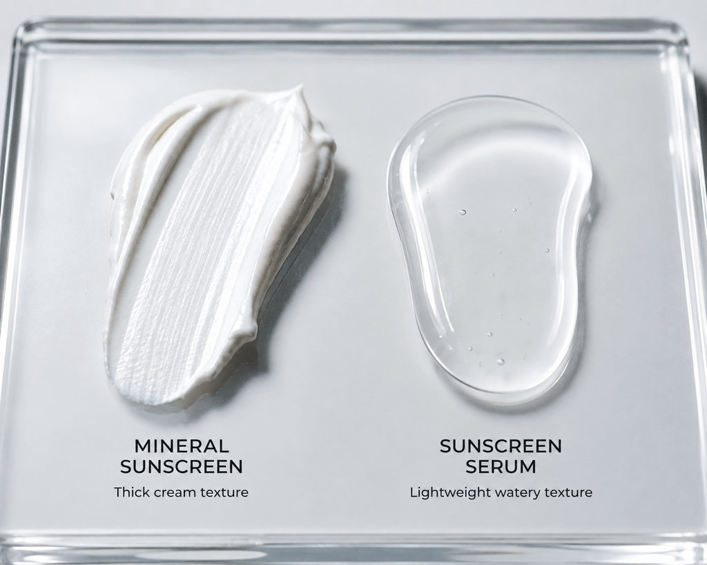 Ternyata Sunscreen Serum Ringan Bisa Lindungi Wajah dan Bikin Glowing 7 Komparasi tekstur antara sunscreen krim konvensional yang pekat dengan sunscreen serum yang transparan.