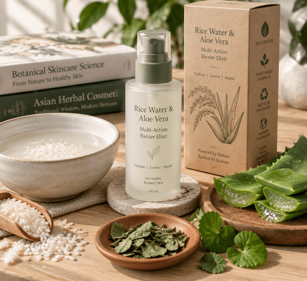 Bahan alami tradisional air beras dan lidah buaya dalam formulasi produk skincare hibrida lokal.