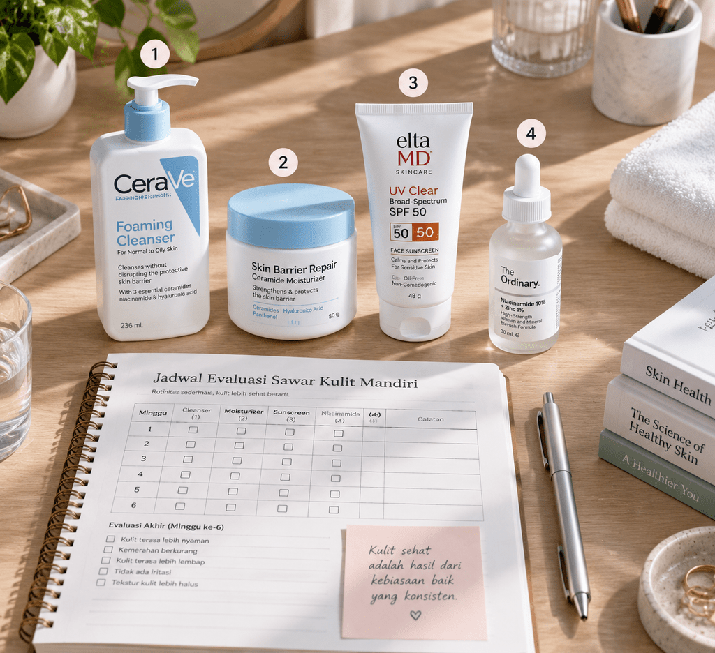 Langkah praktis rutinitas skincare dasar pembersih, pelembap, sunscreen, dan kalender evaluasi 4 pekan.