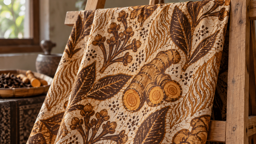 Batik Keris Rona Rempah Ternyata Terinspirasi Cengkeh dan Kunyit 2 Detail tekstur kain batik tulis motif bunga cengkeh dan rimpang kunyit bernuansa warna bumi koleksi Rona Rempah.