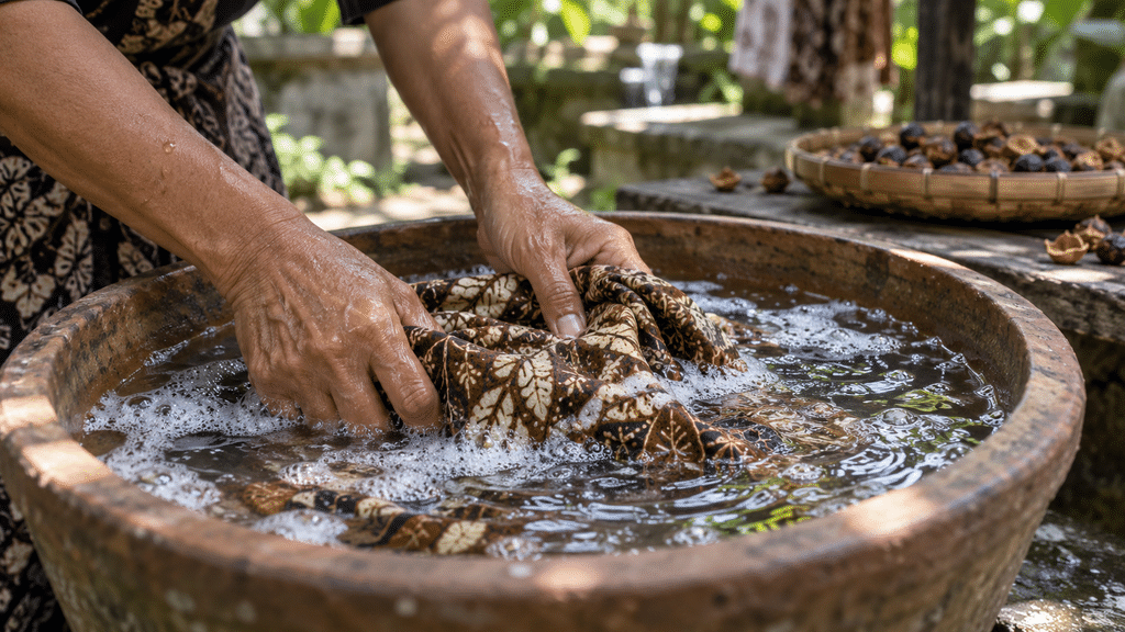 Batik Keris Rona Rempah Ternyata Terinspirasi Cengkeh dan Kunyit 11 Proses mencuci kain batik secara manual menggunakan larutan buah lerak alami di baskom tanah liat.