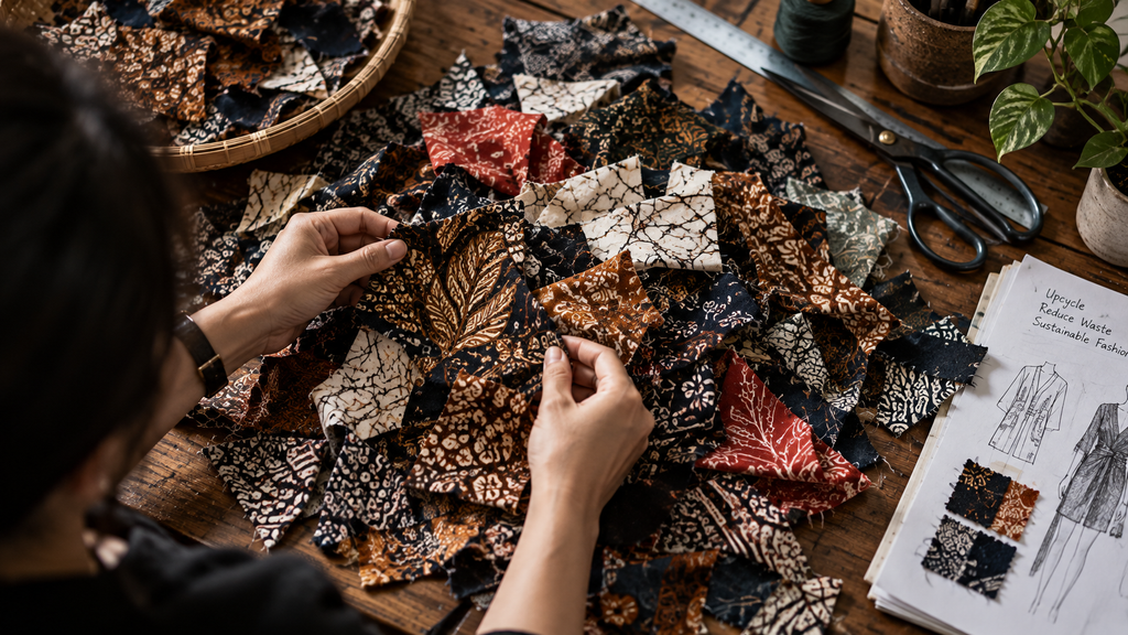 Anne Avantie Sulap Perca Batik Jadi Jubah Kanak-Kanak Yesus ke Praha 3 Tangan desainer menyortir sisa kain perca batik di meja kerja.
