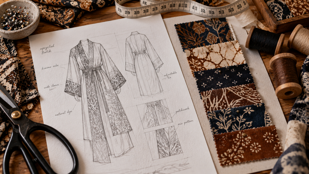 Anne Avantie Sulap Perca Batik Jadi Jubah Kanak-Kanak Yesus ke Praha 6 Meja kerja desainer dengan sketsa busana dan potongan kain perca batik.