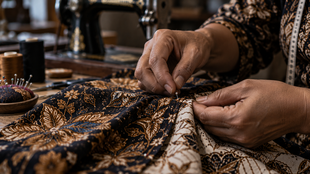 Anne Avantie Sulap Perca Batik Jadi Jubah Kanak-Kanak Yesus ke Praha 7 Proses menyatukan potongan kain perca batik menggunakan jarum pentul sebelum dijahit.