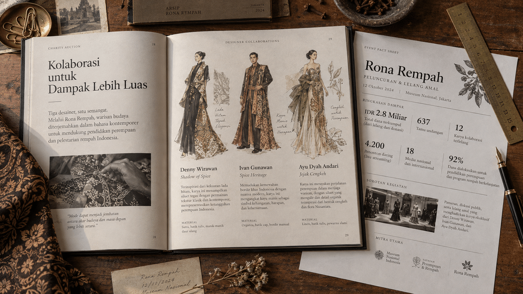 Batik Keris Rona Rempah Ternyata Terinspirasi Cengkeh dan Kunyit 4 Katalog lelang karya enam desainer Indonesia dan data ringkasan peluncuran koleksi Rona Rempah di atas meja kayu.