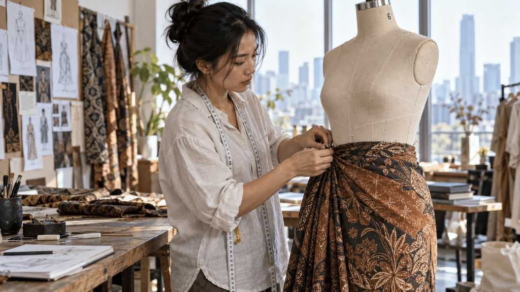 Batik Keris Rona Rempah Ternyata Terinspirasi Cengkeh dan Kunyit 6 Desainer muda menata siluet rok lilit batik kontemporer pada manekin di studio kreatif Batik Keris.