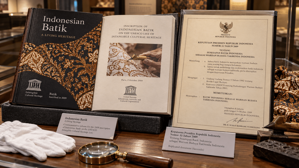 Batik Keris Rona Rempah Ternyata Terinspirasi Cengkeh dan Kunyit 7 Piagam pengukuhan warisan budaya UNESCO dan teks Keppres Nomor 33 Tahun 2009 tentang Hari Batik Nasional.