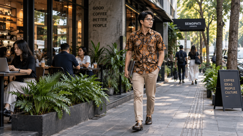 Batik Keris Rona Rempah Ternyata Terinspirasi Cengkeh dan Kunyit 8 Inspirasi gaya kemeja batik pria bernuansa warna bumi dipadukan dengan celana chino krem dan sepatu kasual.