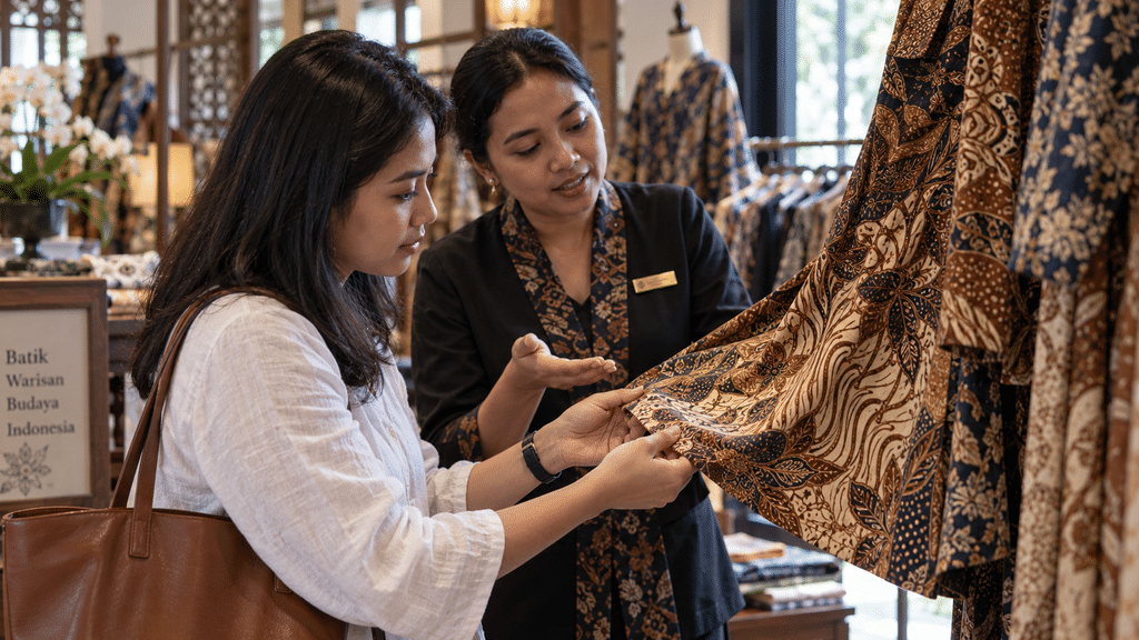 Batik Keris Rona Rempah Ternyata Terinspirasi Cengkeh dan Kunyit 9 Pembeli mengamati kerapian motif isen-isen dan kehalusan kain batik di gerai resmi Batik Keris.