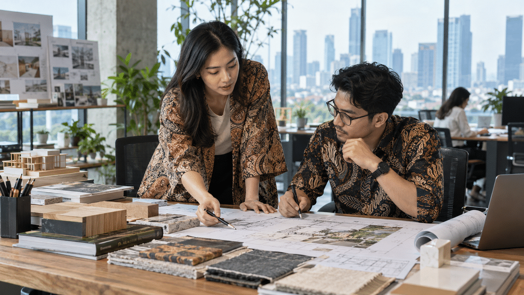 Batik Keris Rona Rempah Ternyata Terinspirasi Cengkeh dan Kunyit 10 Karyawan perkantoran mengenakan outer dan blus batik warna bumi kasual dalam suasana kerja kolaboratif.